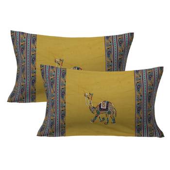 Applique Mehandi Green Camel Jaipuri Hand Made Embroidery Patch Work Double Bedsheet 2