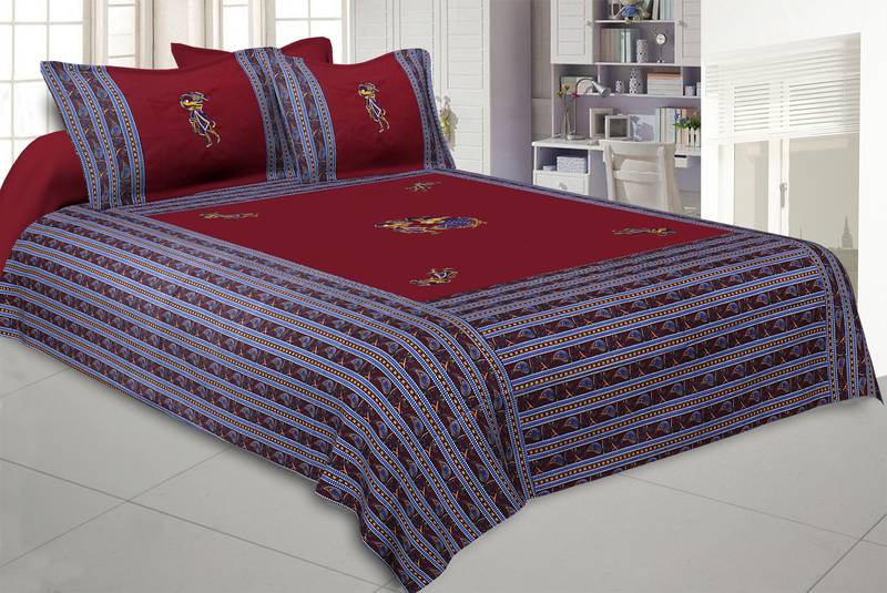 Applique Maroon Chang Dance Jaipuri Hand Made Embroidery Patch Work Double Bedsheet