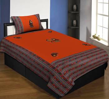 Applique Orange Dandiya Jaipuri Hand Made Embroidery Patch Work Single Bedsheet 1