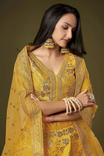 Mustard Dori Zari And Sequins Embroidered Thai Silk Wedding Lehenga For Bride