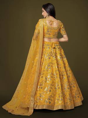 Mustard Dori Zari And Sequins Embroidered Thai Silk Wedding Lehenga For Bride 4