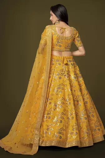 Mustard Dori Zari And Sequins Embroidered Thai Silk Wedding Lehenga For Bride