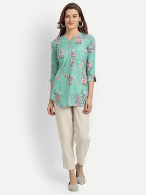 Turquoise printed crepe party-wear-kurtis 1