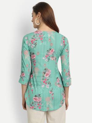 Turquoise printed crepe party-wear-kurtis 2