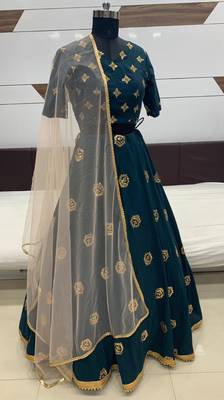 Teal Blue zari and Sequins embroidered georgette Semi Stitched Bridal Lehenga 6