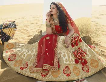 Cream thread embroidery silk semi stitched lehenga 2