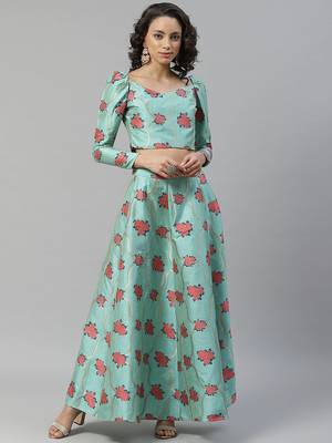 Turquoise woven art silk stitched lehenga 1