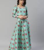 Turquoise woven art silk stitched lehenga