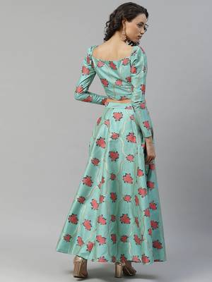 Turquoise woven art silk stitched lehenga 2