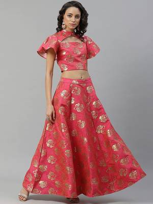 Pink woven art silk stitched lehenga 1