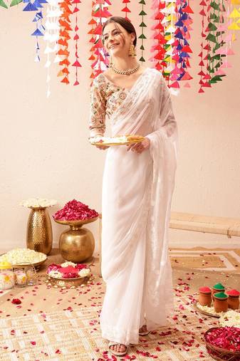 White Hand Embroidered Georgette Lucknowi Chikankari Saree With Blouse