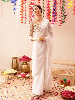 White Hand Embroidered Georgette Lucknowi Chikankari Saree With Blouse 1