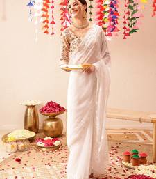 White Hand Embroidered Georgette Lucknowi Chikankari Saree With Blouse