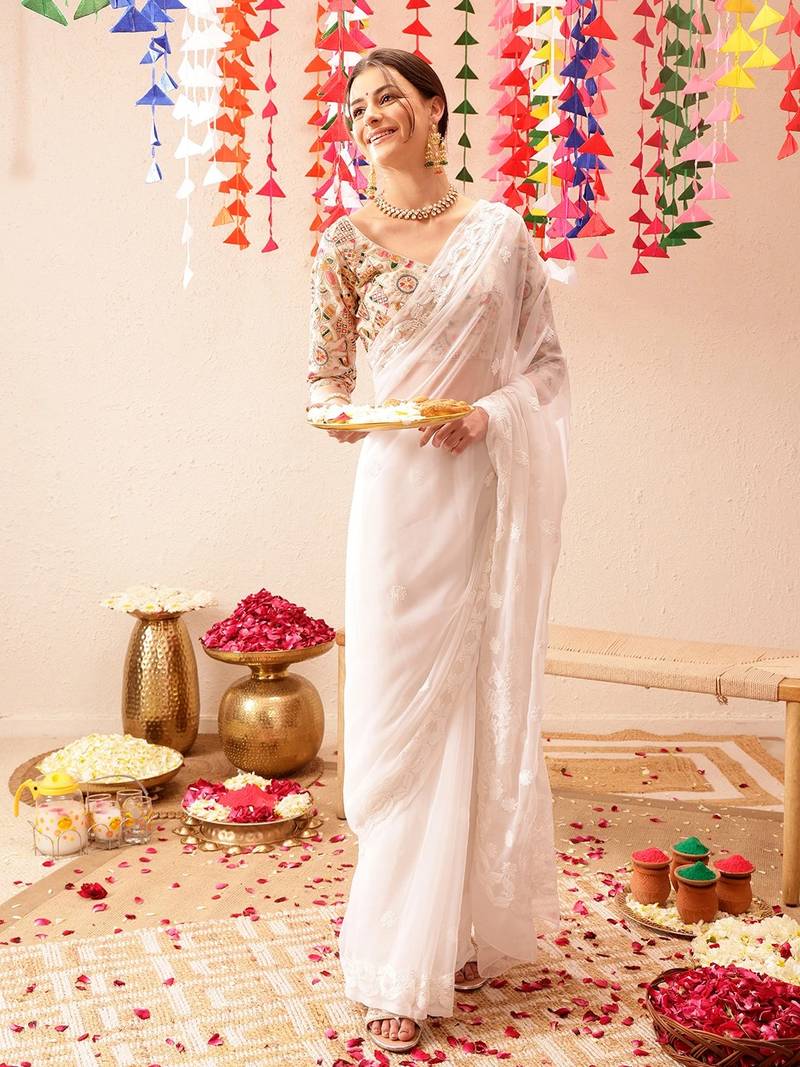 White Hand Embroidered Georgette Lucknowi Chikankari Saree With Blouse