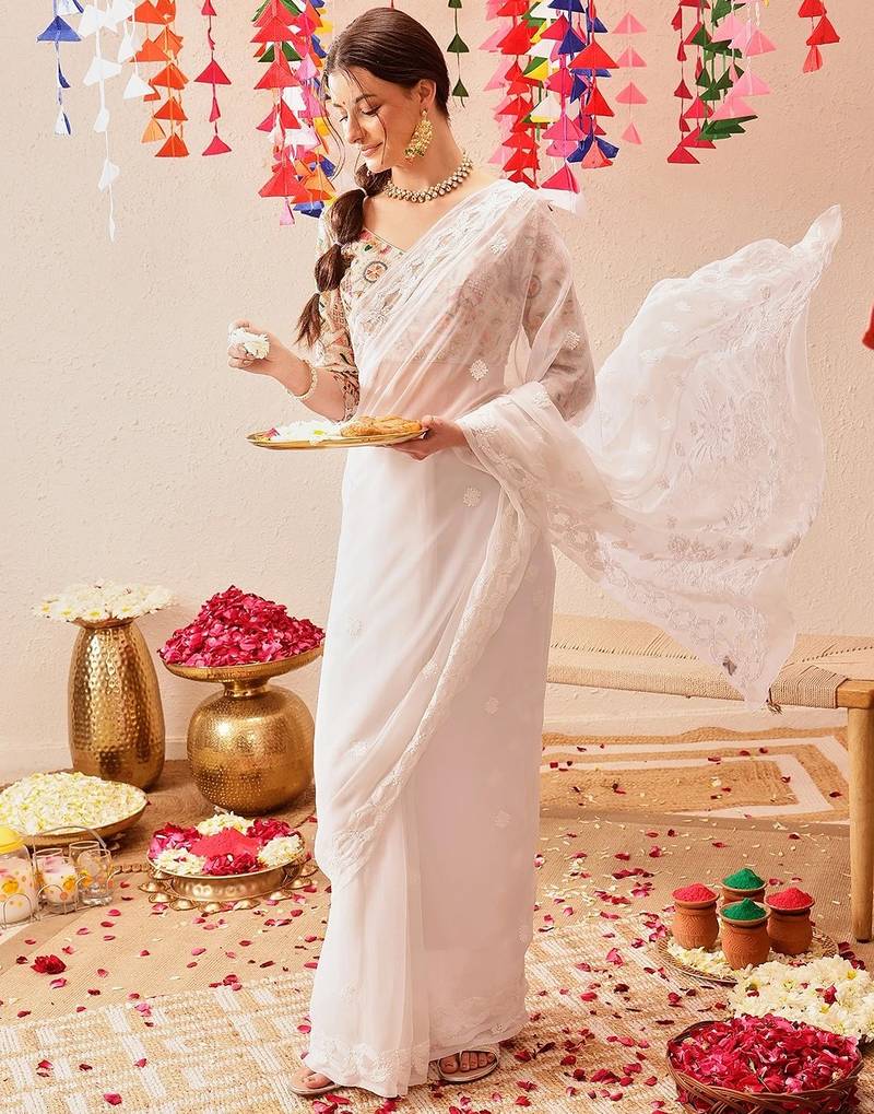 White Hand Embroidered Georgette Lucknowi Chikankari Saree With Blouse