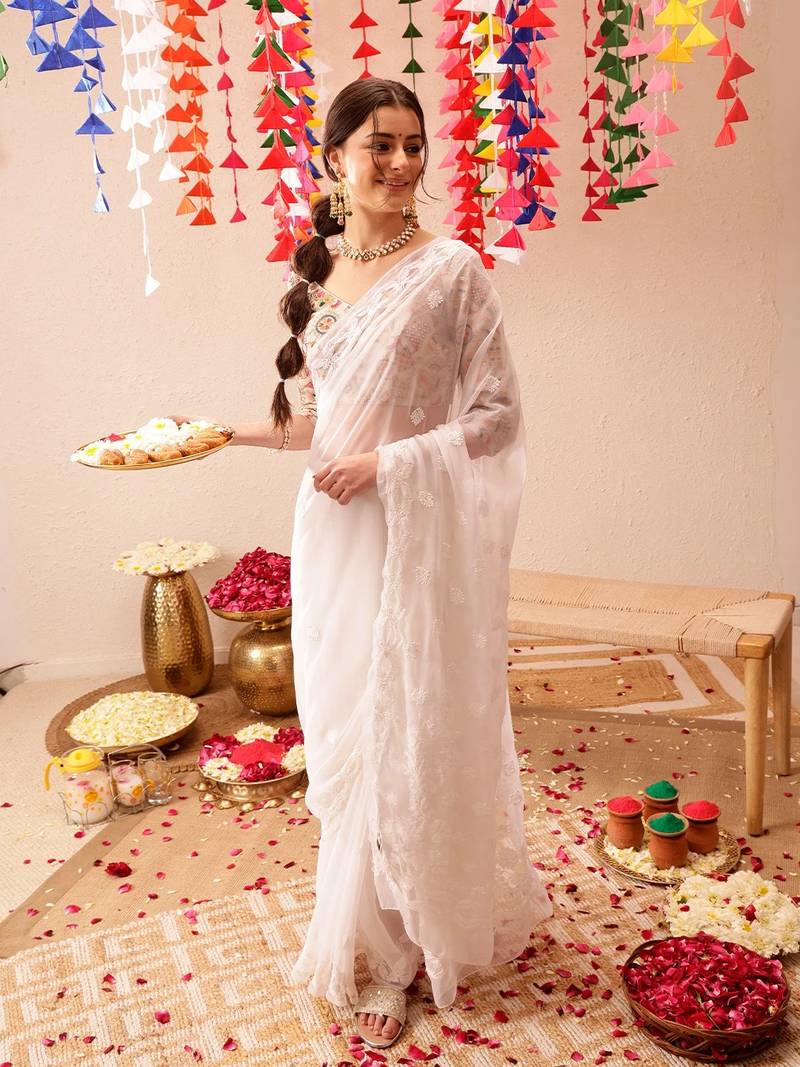 White Hand Embroidered Georgette Lucknowi Chikankari Saree With Blouse