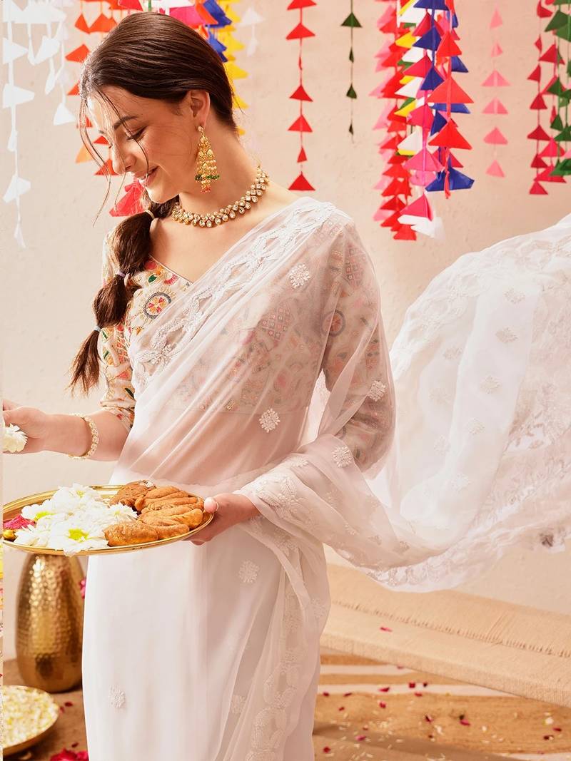 White Hand Embroidered Georgette Lucknowi Chikankari Saree With Blouse