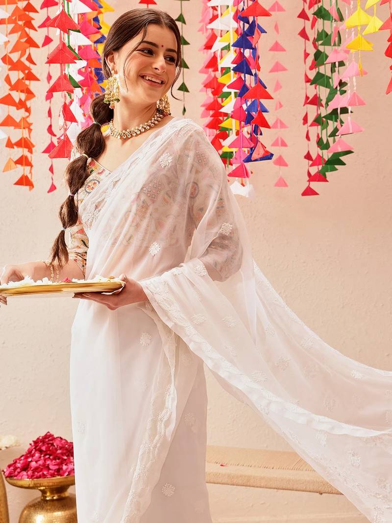 White Hand Embroidered Georgette Lucknowi Chikankari Saree With Blouse