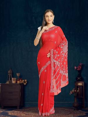 Hand Embroidered Red Faux Georgette Lucknowi Chikankari Indian Women Saree With Blouse 1