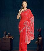 Hand Embroidered Red Faux Georgette Lucknowi Chikankari Indian Women Saree With Blouse