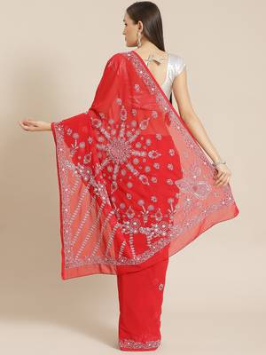 Hand Embroidered Red Faux Georgette Lucknowi Chikankari Indian Women Saree With Blouse 2