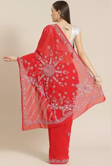 Hand Embroidered Red Faux Georgette Lucknowi Chikankari Indian Women Saree With Blouse