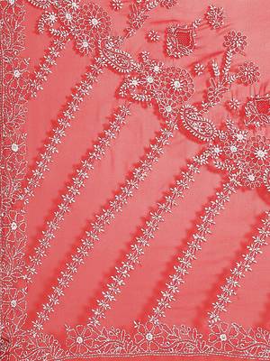 Hand Embroidered Red Faux Georgette Lucknowi Chikankari Indian Women Saree With Blouse 4