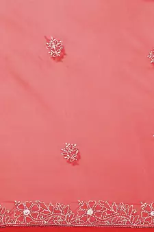 Hand Embroidered Red Faux Georgette Lucknowi Chikankari Indian Women Saree With Blouse