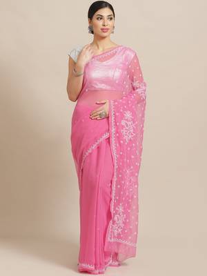 Ada Hand Embroidered Pink Faux Georgette Lucknowi Chikankari Women Saree With Blouse - A84006 6