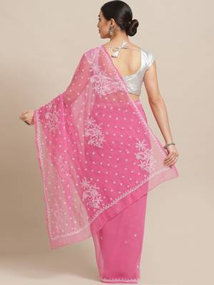 Ada Hand Embroidered Pink Faux Georgette Lucknowi Chikankari Women Saree With Blouse - A84006 7
