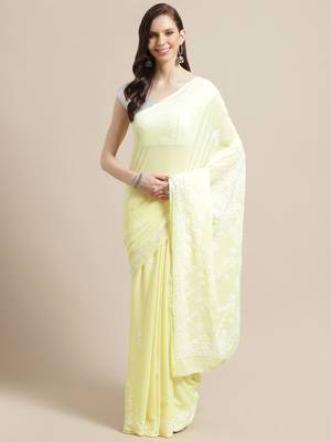 Ada Floral HAND EMBROIDERED LEMON GEORGETTE CHIKANKARI WOMEN SAREE WITH BLOUSE - A183216 6