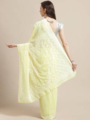Ada Floral HAND EMBROIDERED LEMON GEORGETTE CHIKANKARI WOMEN SAREE WITH BLOUSE - A183216 7