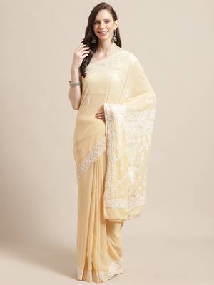 Ada Hand Embroidered Fawn Georgette Lucknow Chikan Saree with Blouse - A191793 1