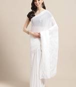 Hand Embroidered White Georgette Lucknow Chikan Saree With Blouse