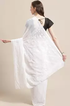 Hand Embroidered White Georgette Lucknow Chikan Saree With Blouse