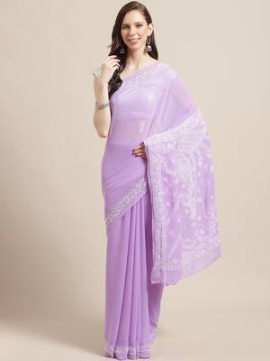 Purple Hand Embroidered Faux Georgette Lucknowi Chikankari Indian Women Saree With Blouse 1