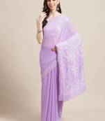 Purple Hand Embroidered Faux Georgette Lucknowi Chikankari Indian Women Saree With Blouse
