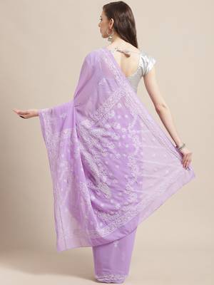 Purple Hand Embroidered Faux Georgette Lucknowi Chikankari Indian Women Saree With Blouse 2