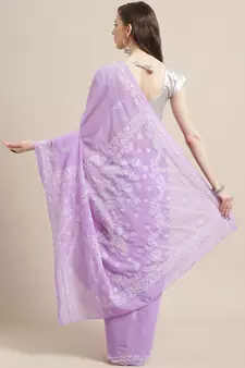 Purple Hand Embroidered Faux Georgette Lucknowi Chikankari Indian Women Saree With Blouse
