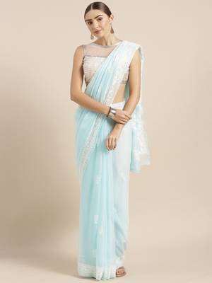 Ada Sea Green Hand Embroidered Faux Georgette Lucknowi Chikankari Women Saree With Blouse - A191628 5