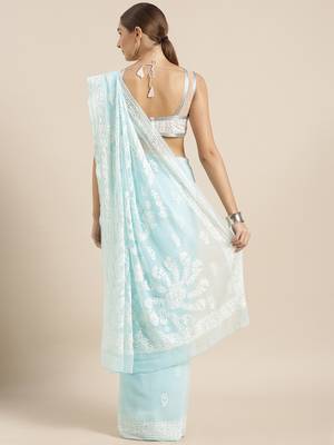 Ada Sea Green Hand Embroidered Faux Georgette Lucknowi Chikankari Women Saree With Blouse - A191628 6