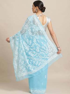 Ada Hand Embroidered Blue Faux Georgette Lucknowi Chikankari Women Saree With Blouse - A130227 2