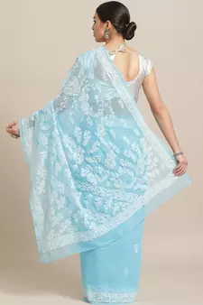 Ada Hand Embroidered Blue Faux Georgette Lucknowi Chikankari Women Saree With Blouse - A130227