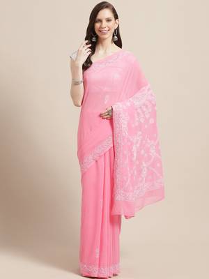 Hand Embroidered Onion Pink Georgette Lucknowi Chikankari Indian Women Saree With Blouse 1
