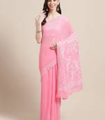 Hand Embroidered Onion Pink Georgette Lucknowi Chikankari Indian Women Saree With Blouse