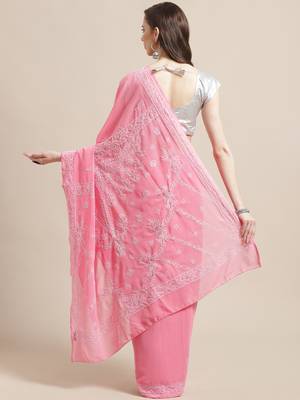 Hand Embroidered Onion Pink Georgette Lucknowi Chikankari Indian Women Saree With Blouse 2