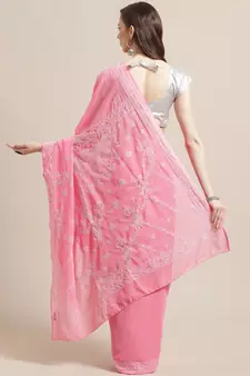 Hand Embroidered Onion Pink Georgette Lucknowi Chikankari Indian Women Saree With Blouse