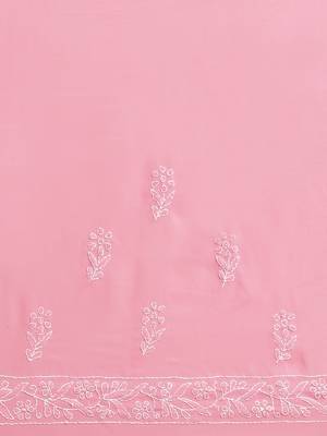 Hand Embroidered Onion Pink Georgette Lucknowi Chikankari Indian Women Saree With Blouse 5