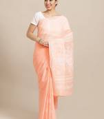 Ada Women Hand Embroidered Peach Cotton Saree With Blouse - A193366
