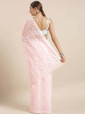 Ada Pink Hand Embroidered Cotton Lucknowi Chikankari Women Saree With Blouse - A346142 6